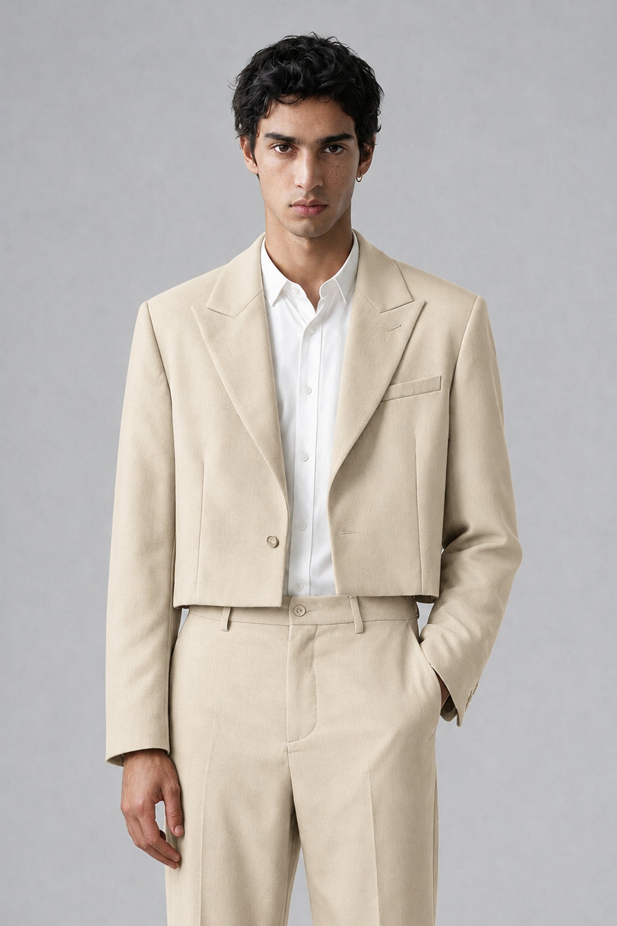 Bolodoo Men's Cream Cropped Blazer & Wide-Leg Trousers 2-Piece Suit - Cream - Cream (1)