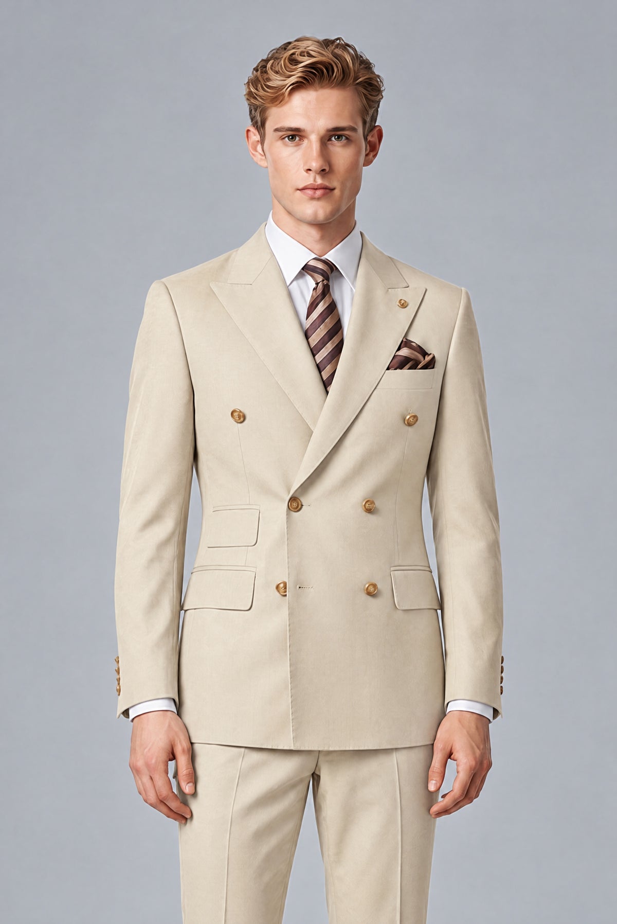 Bolodoo Men's Cream Double-Breasted 2-Piece Wedding Suit - Cream - Cream (1)