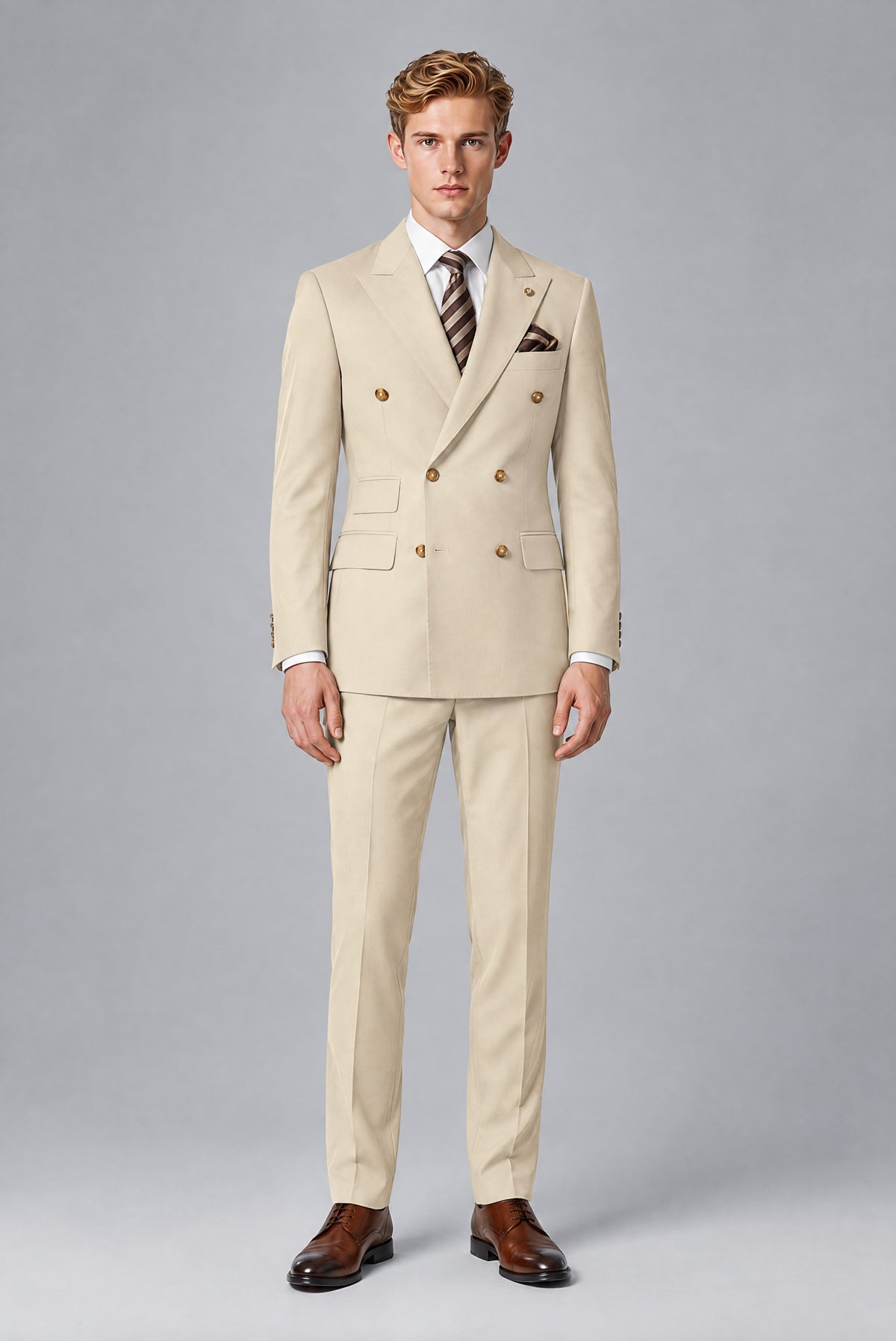 Bolodoo Men's Cream Double-Breasted 2-Piece Wedding Suit - Cream - Cream (2)