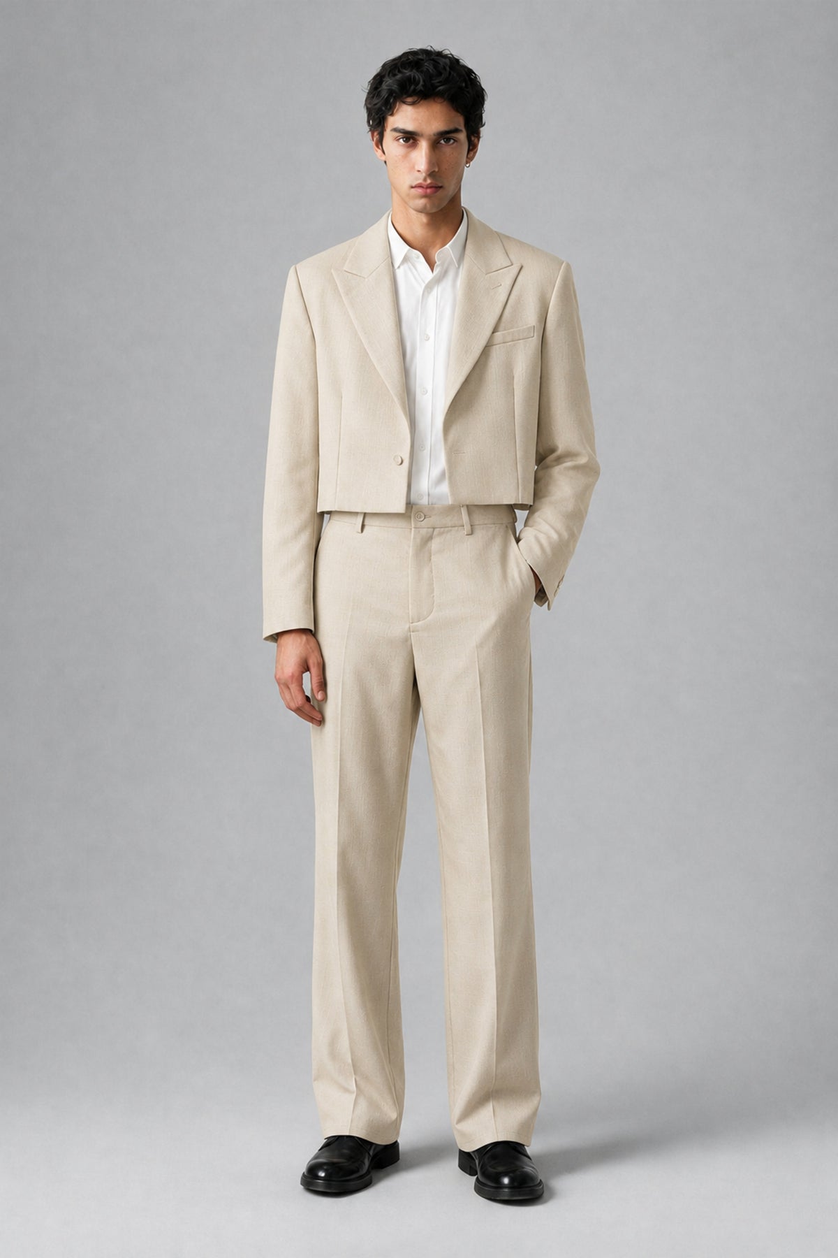 Bolodoo Men's Cream Cropped Blazer & Wide-Leg Trousers 2-Piece Suit - Cream - Cream (2)