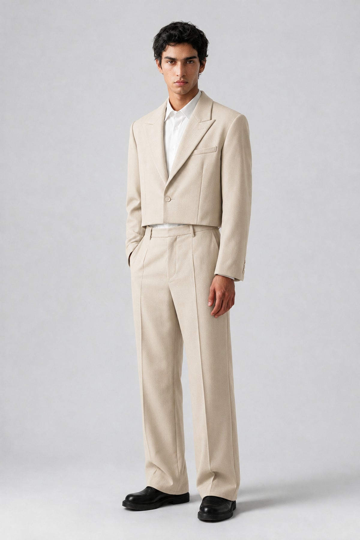 Bolodoo Men's Cream Cropped Blazer & Wide-Leg Trousers 2-Piece Suit - Cream - Cream (3)