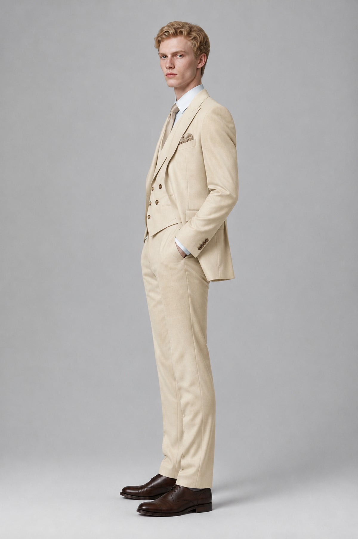 Bolodoo Men's Cream Two-Piece Suit with Notch-Lapel Jacket and Trousers - Cream - Cream (4)