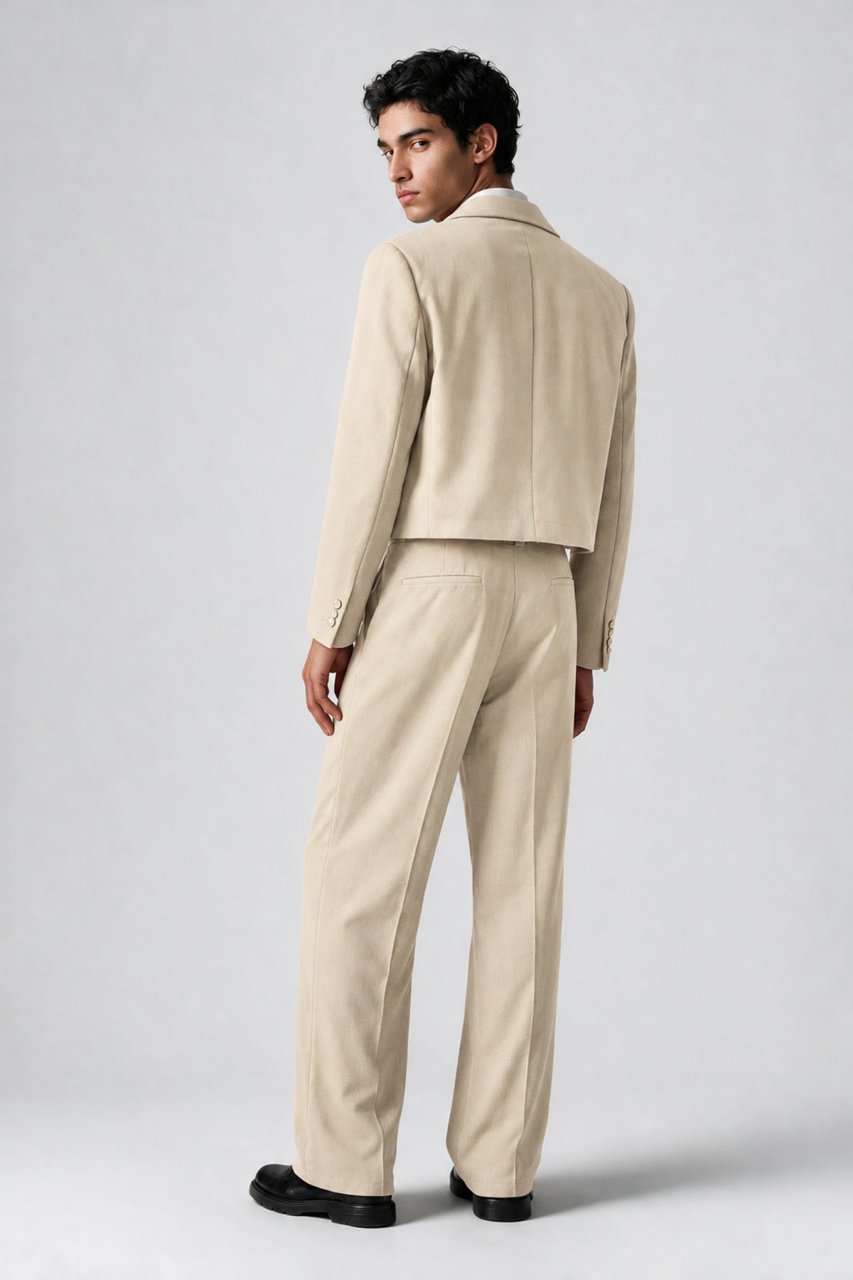 Bolodoo Men's Cream Cropped Blazer & Wide-Leg Trousers 2-Piece Suit - Cream - Cream (4)