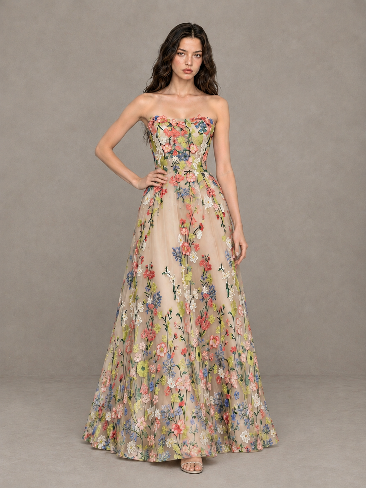 BOLODOO XCD007 champagne floral strapless A-line floor-length dress, front pose