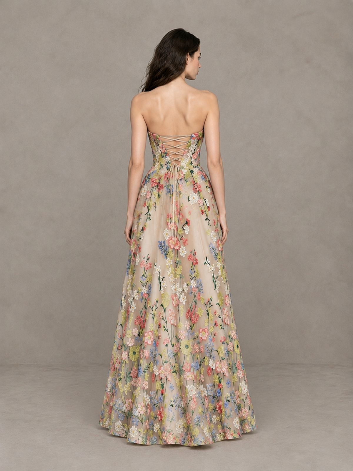 BOLODOO XCD007 champagne floral dress with open upper back and lace-up fastening, back view