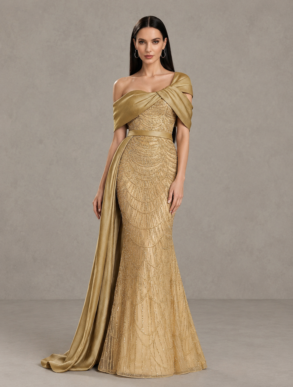 BOLODOO gold floor-length evening dress showing patterned fabric, fitted waist and satin-look draping