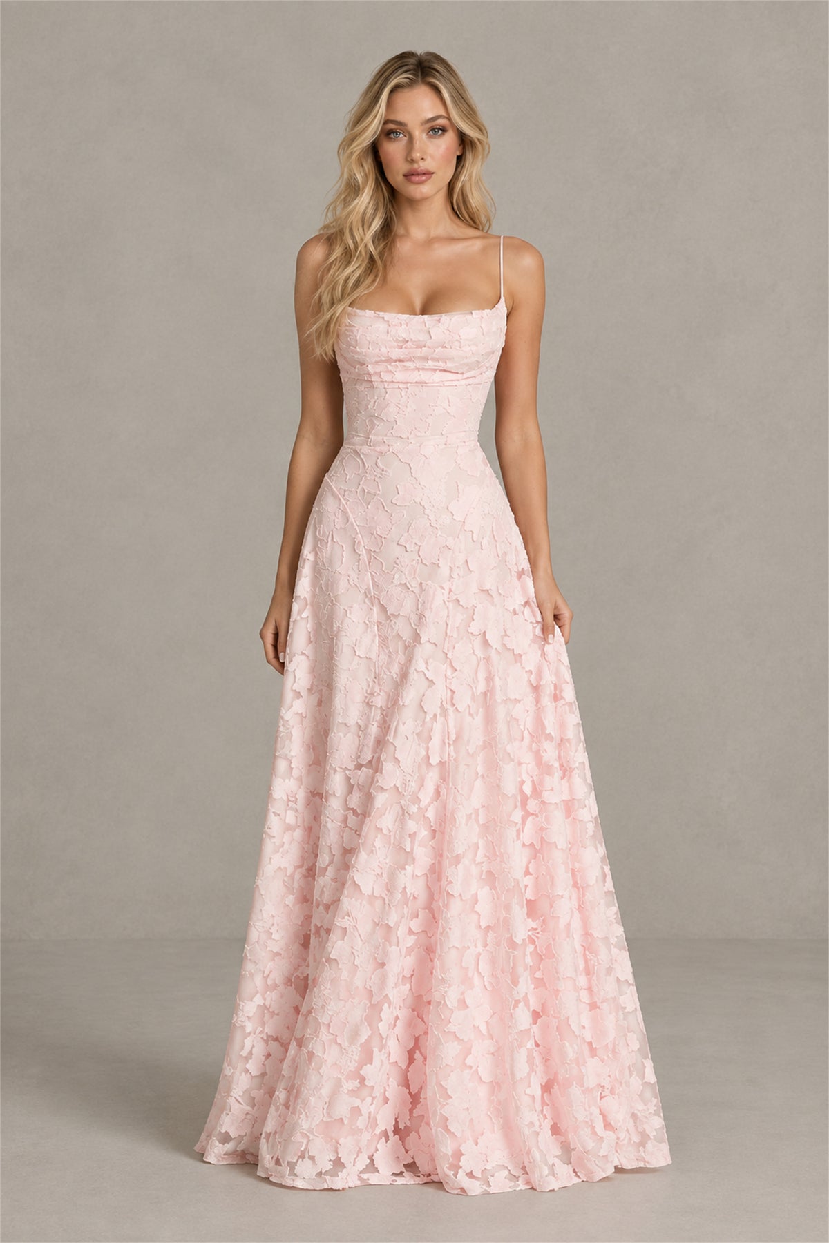 Back view of blush pink formal dress with open crisscross lace-up back