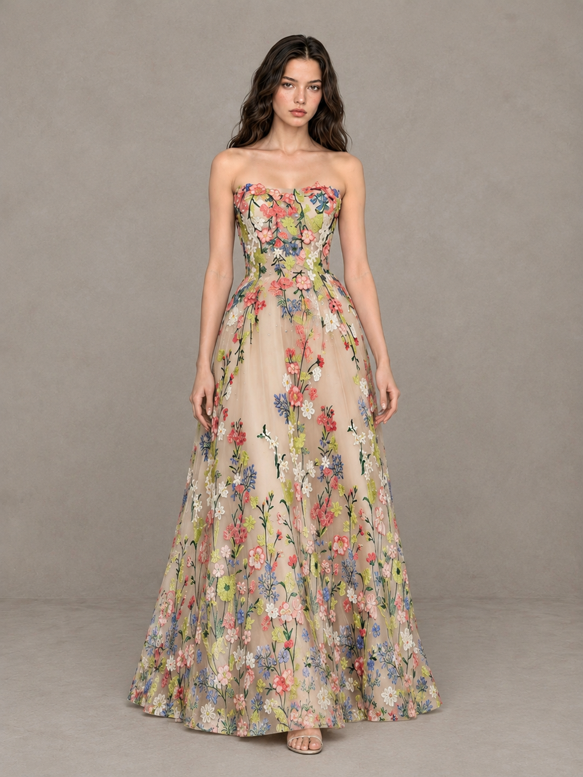 BOLODOO champagne multicolor floral sweetheart maxi prom dress, straight front view