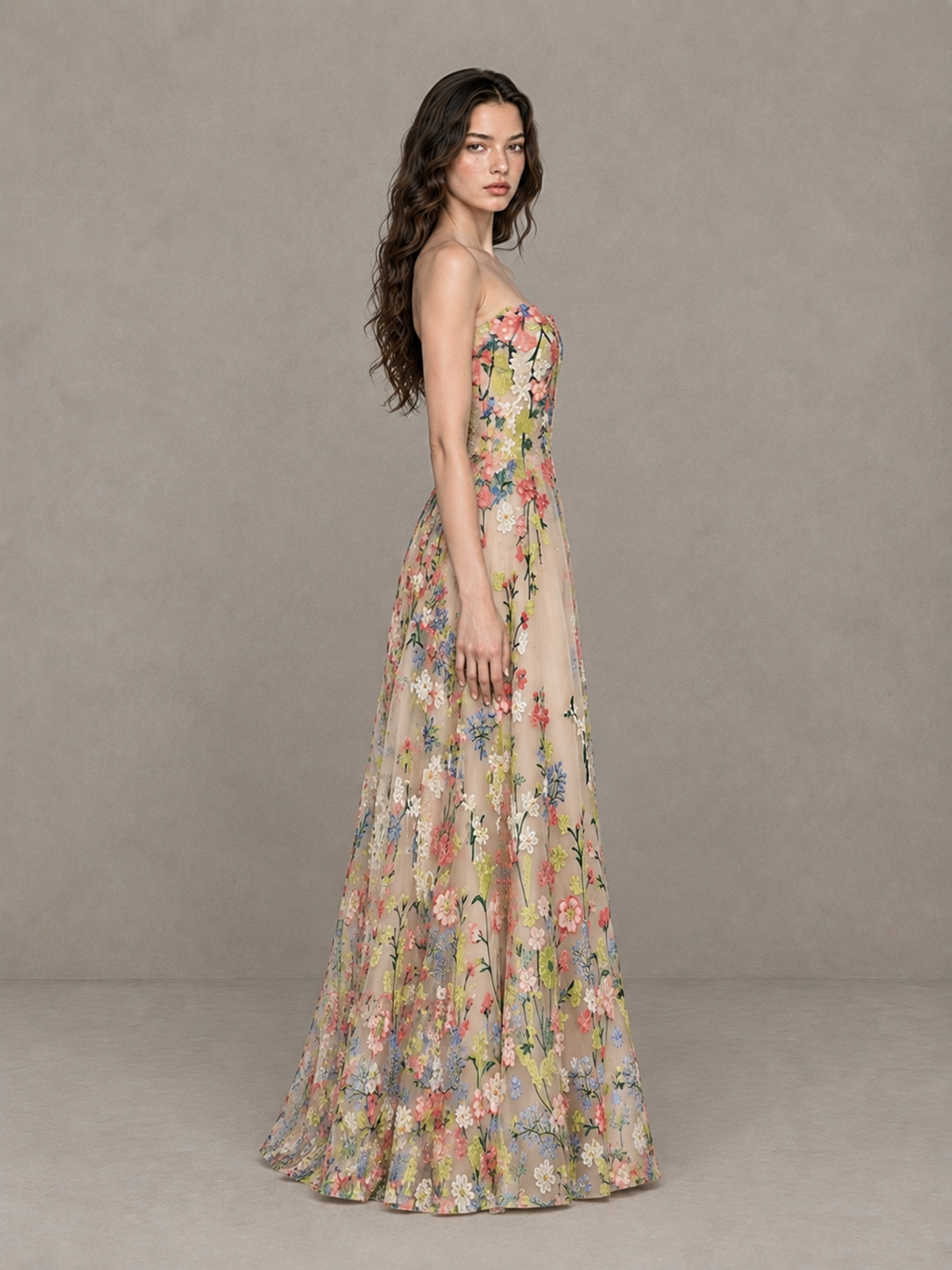 BOLODOO XCD007 strapless floral A-line wedding guest dress, side view