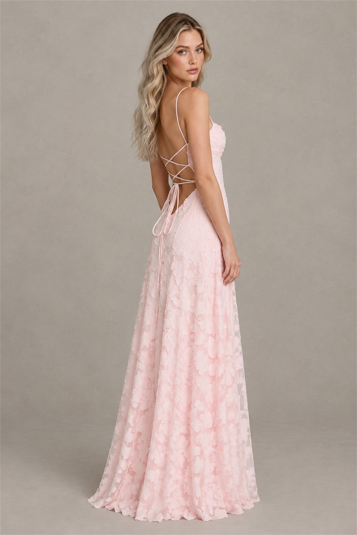 BOLODOO blush pink floral applique maxi dress front view with spaghetti straps