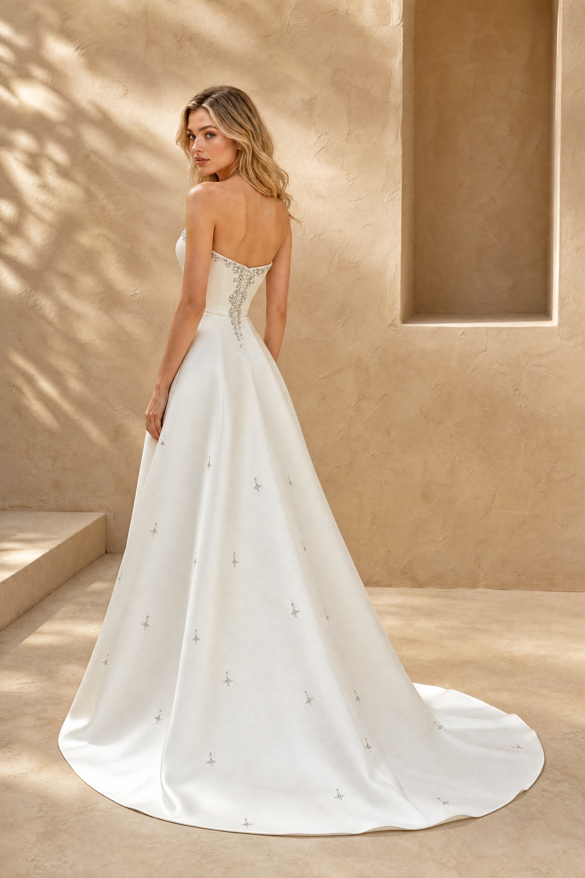 BOLODOO ivory strapless sweetheart beaded satin A-line wedding dress full front view with train