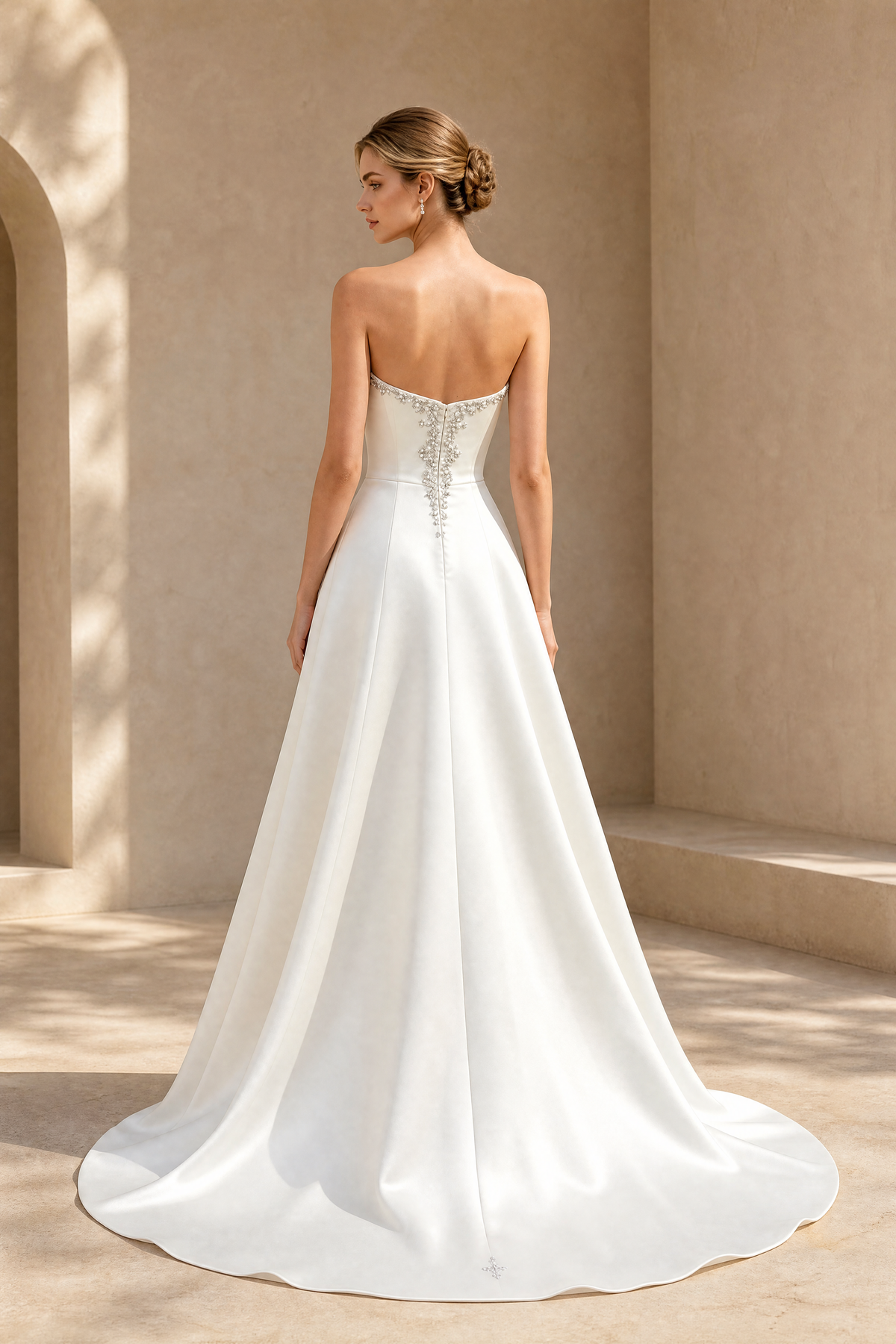 BOLODOO ivory beaded satin wedding dress full open-back view with floor-length train
