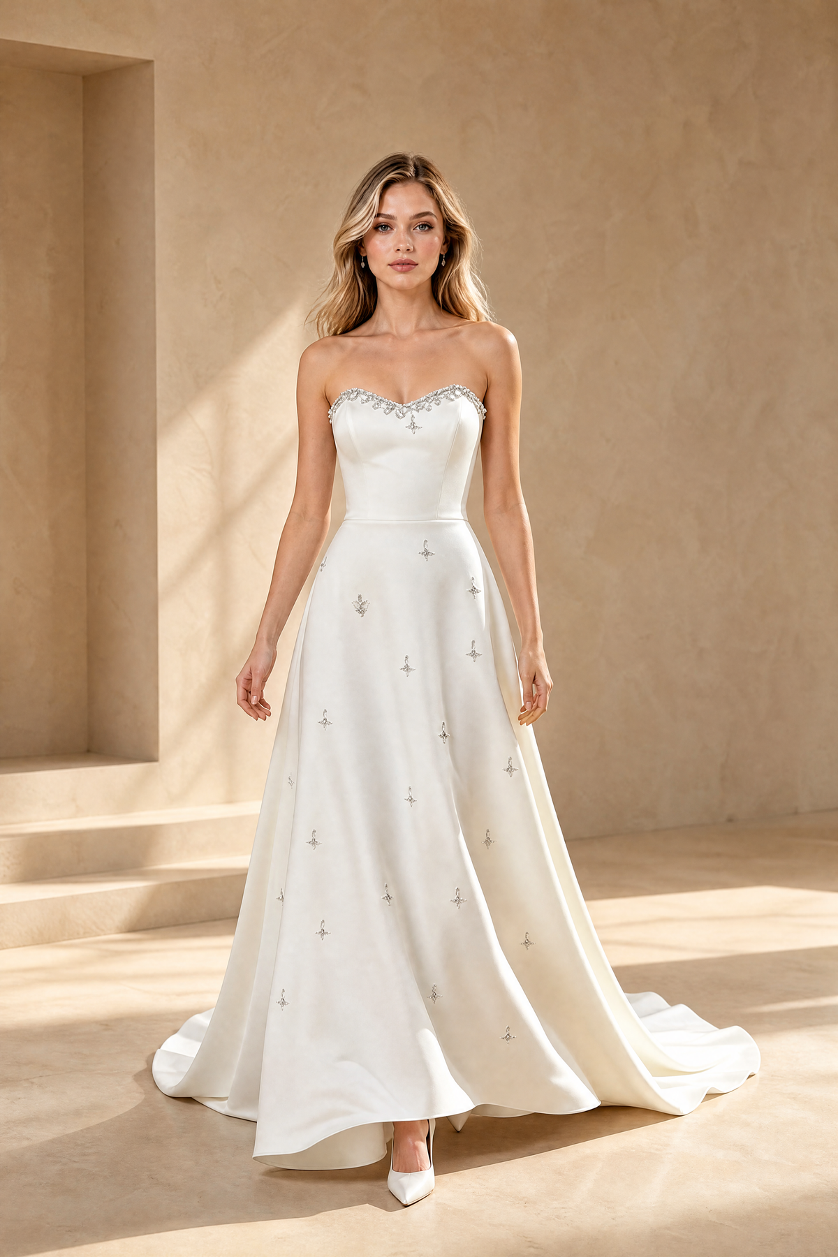 BOLODOO ivory strapless satin A-line wedding dress three-quarter open-back view with train