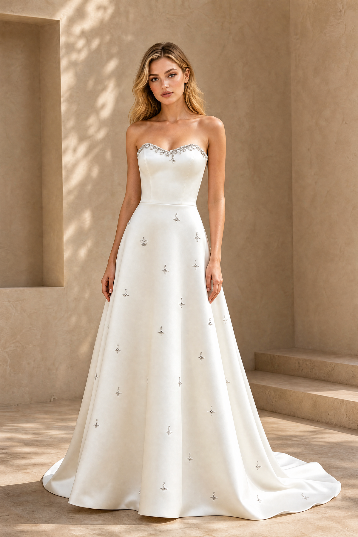 BOLODOO ivory strapless beaded satin wedding gown front view showing A-line skirt and bridal train