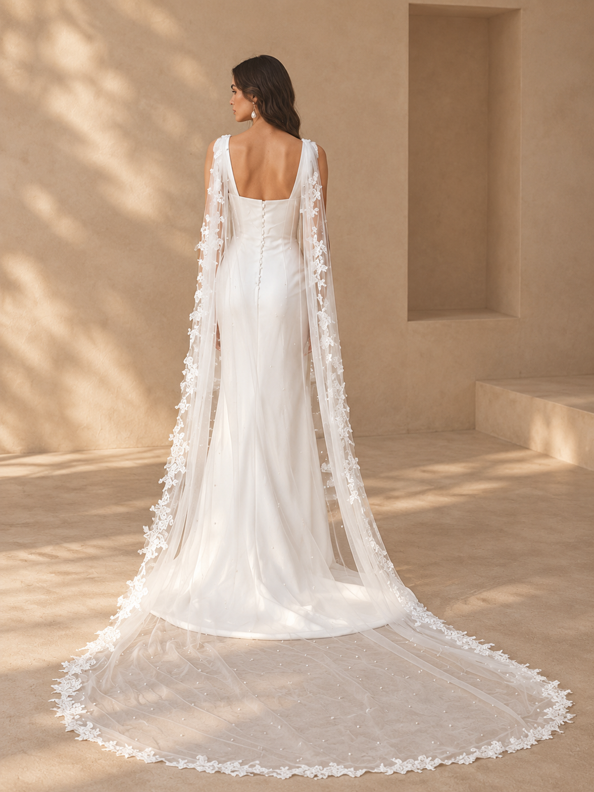 BOLODOO White Lace Applique Bridal Cape with Sheer Long Train 