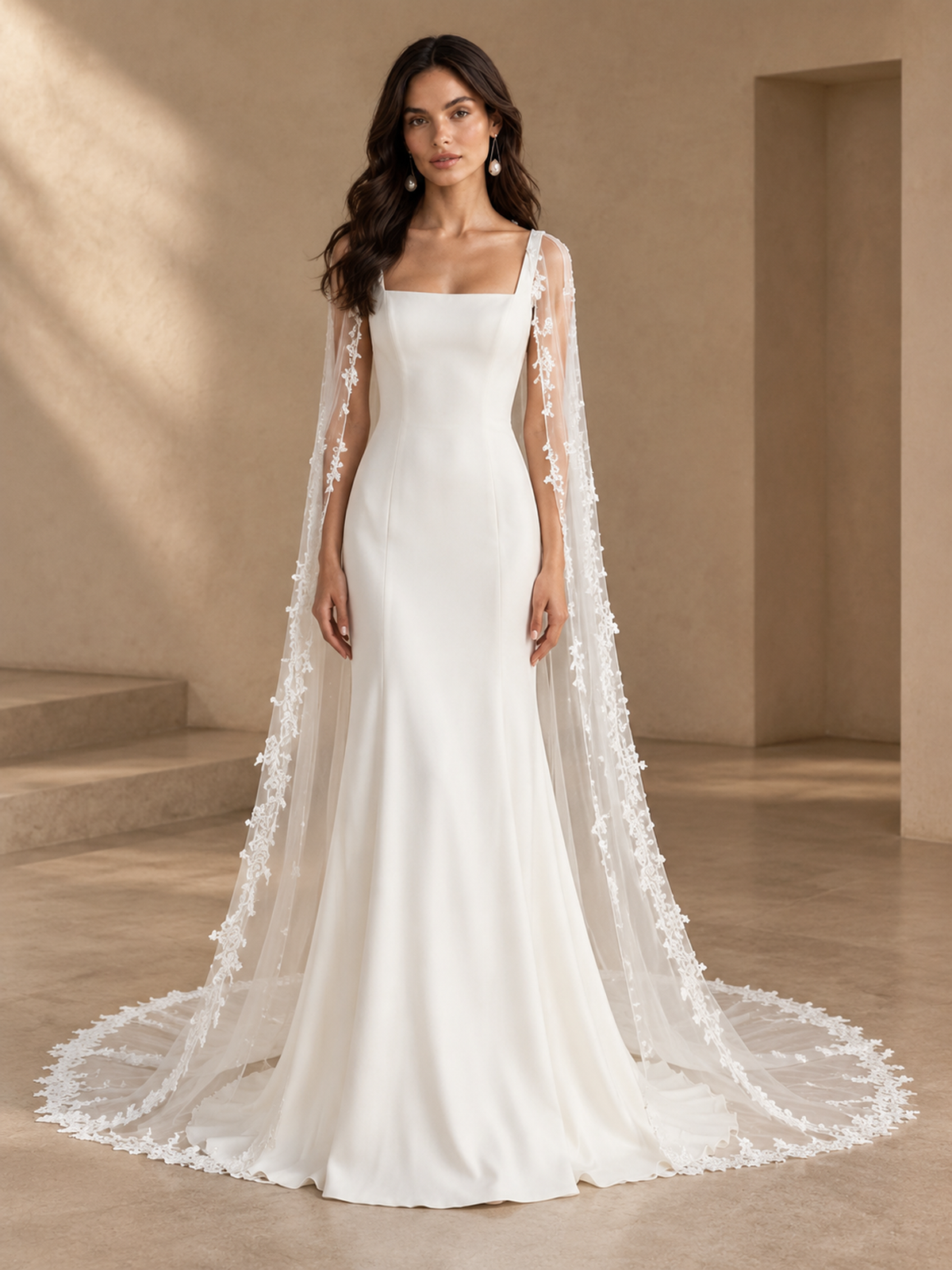 BOLODOO White Lace Applique Bridal Cape with Sheer Long Train 