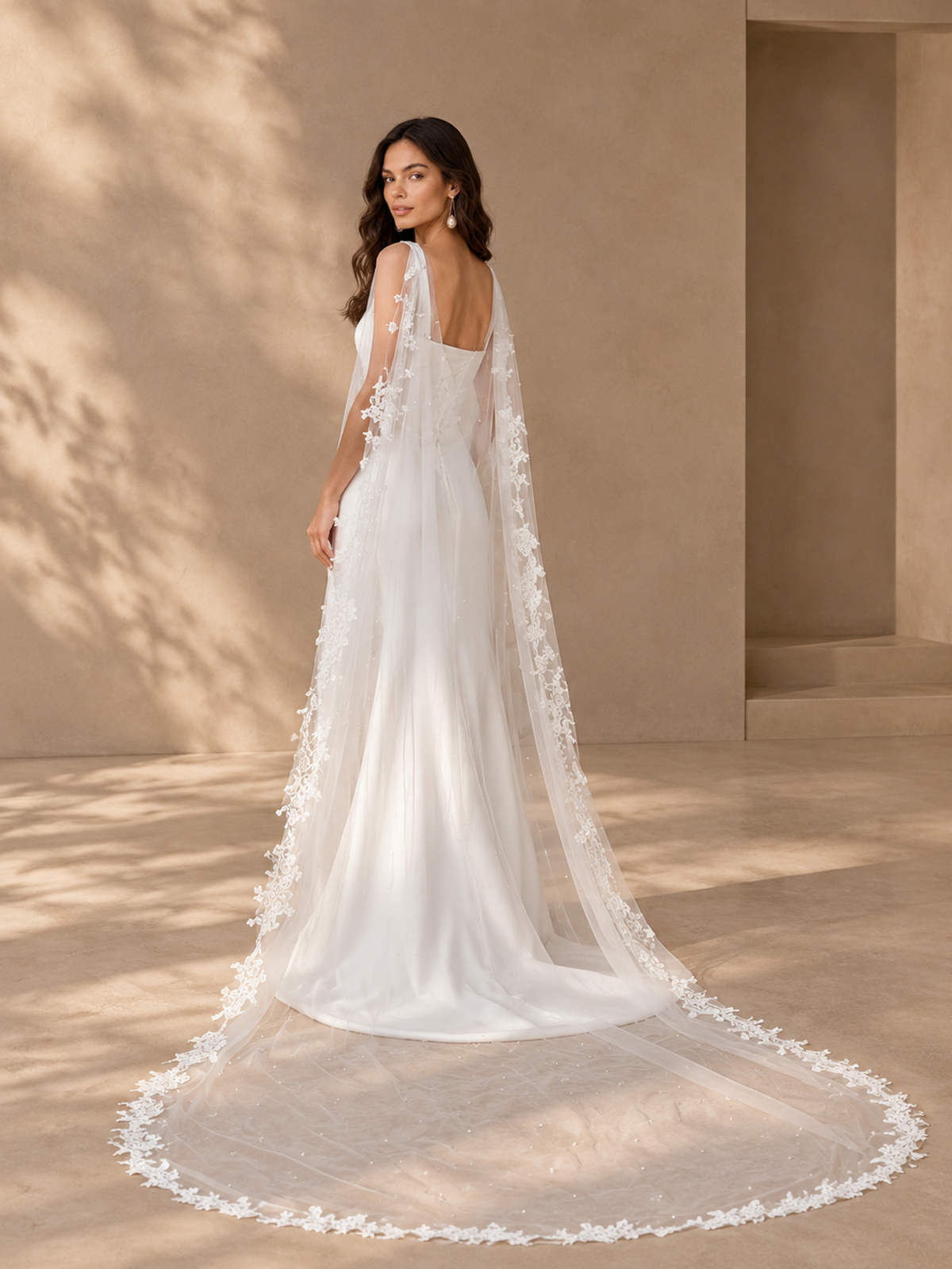 BOLODOO White Lace Applique Bridal Cape with Sheer Long Train 