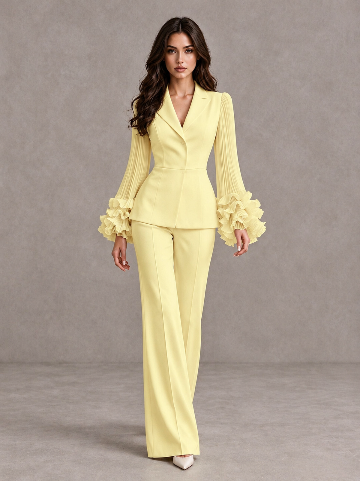 BOLODOO Daffodil Mother of the Bride Pant Suit – Pleated Long Sleeve Ruffle Cuff Wide Leg Trouser Suit - Daffodil - Daffodil_01