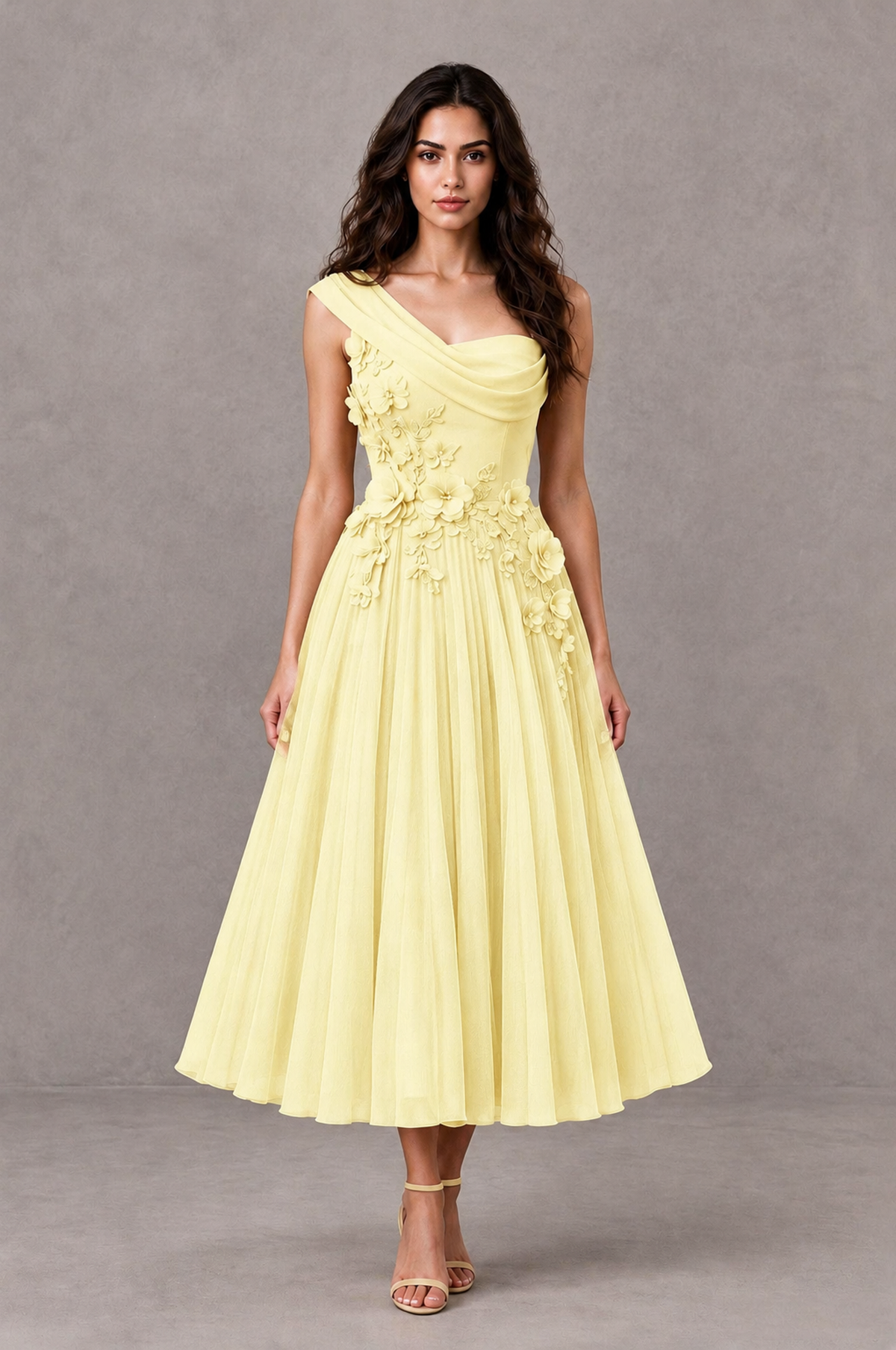 BOLODOO Daffodil One-Shoulder Floral Tulle Tea-Length Dress - Daffodil - Daffodil_01