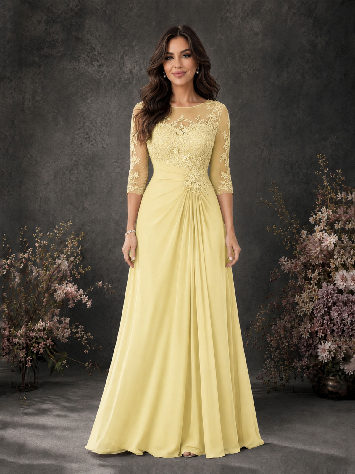 BOLODOO Daffodil Chiffon Lace Illusion Neckline 3/4 Sleeve Floor Length Formal Gown - Daffodil - Daffodil_01