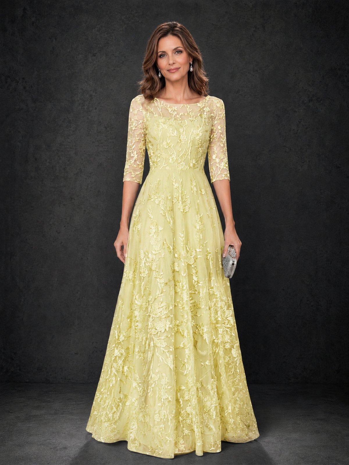 BOLODOO Daffodil Illusion Bateau Neck 3/4 Sleeve Floral Lace A-Line Mother of the Bride Dress MX007 - Daffodil - Daffodil_01
