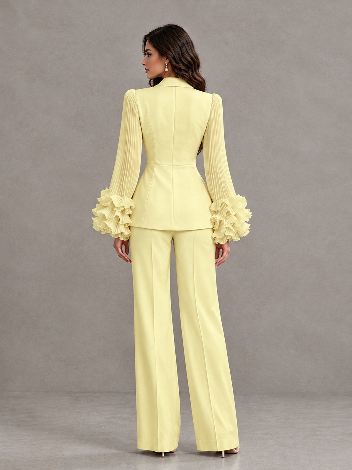 BOLODOO Daffodil Mother of the Bride Pant Suit – Pleated Long Sleeve Ruffle Cuff Wide Leg Trouser Suit - Daffodil - Daffodil_02