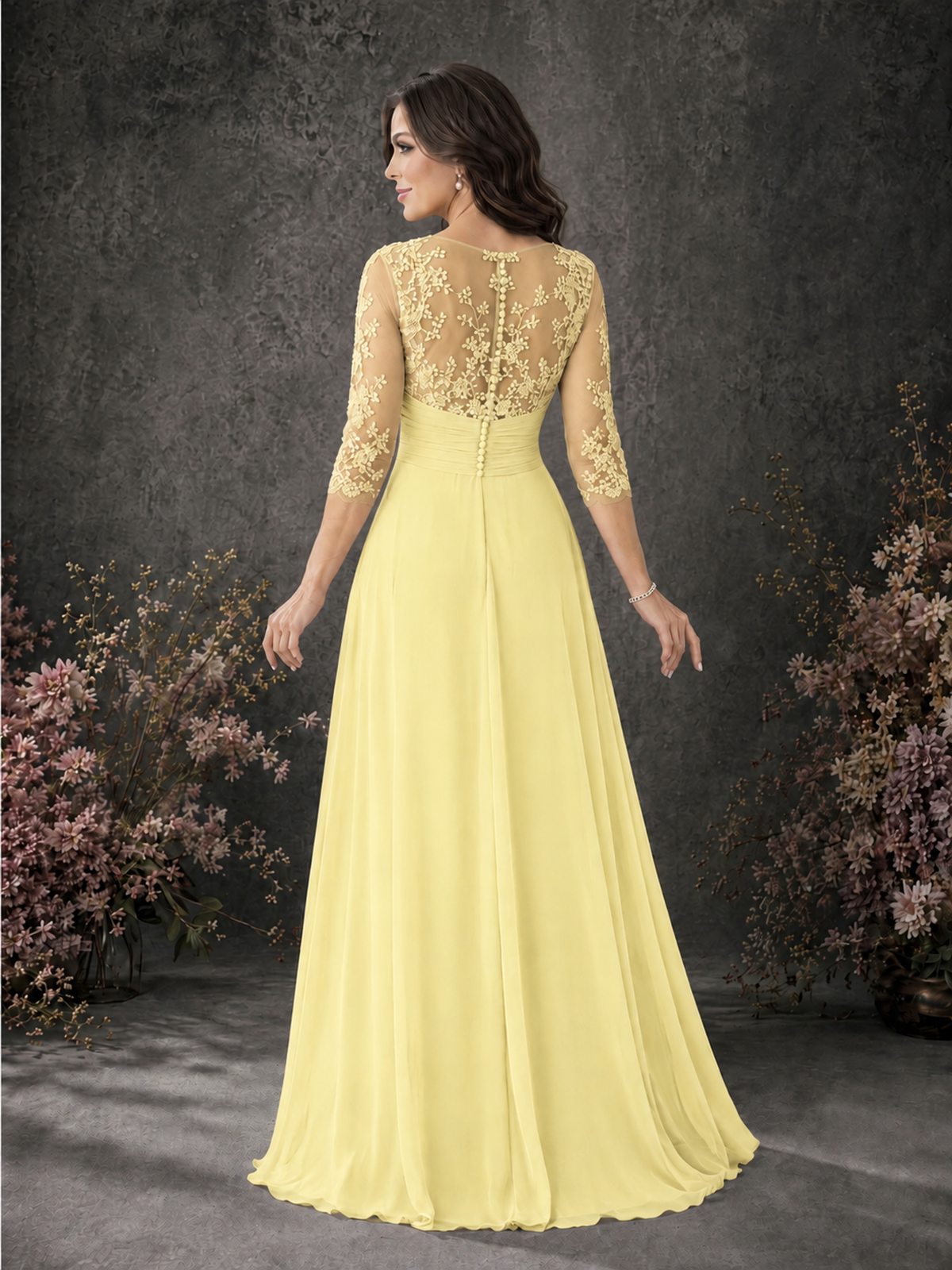 BOLODOO Daffodil Chiffon Lace Illusion Neckline 3/4 Sleeve Floor Length Formal Gown - Daffodil - Daffodil_02