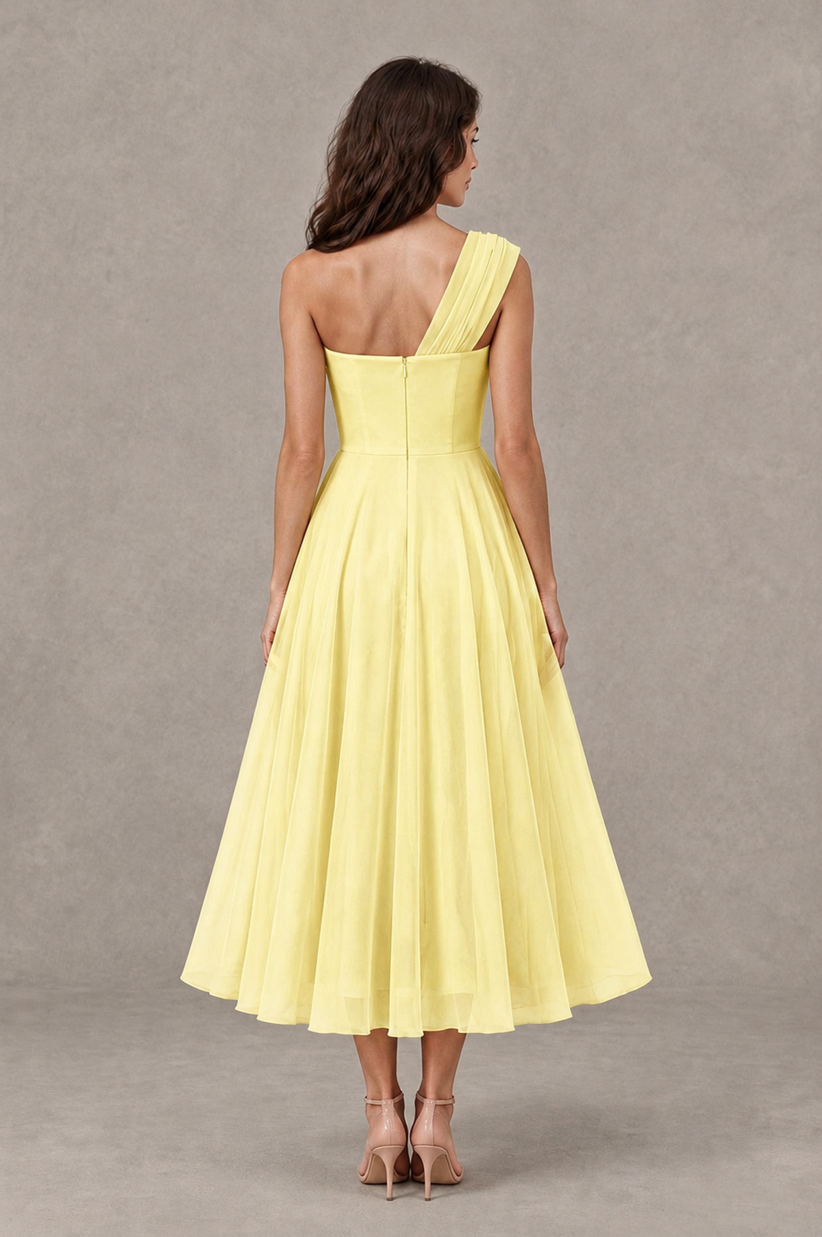 BOLODOO Daffodil One-Shoulder Floral Tulle Tea-Length Dress - Daffodil - Daffodil_02