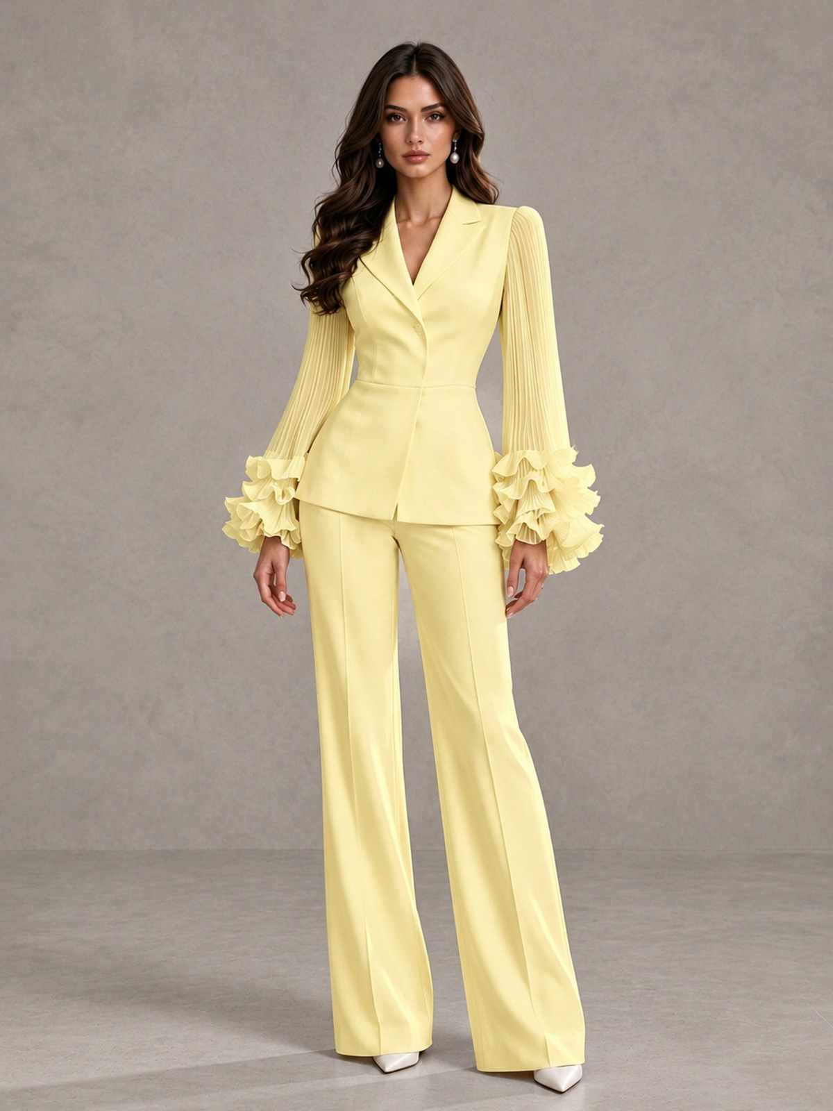 BOLODOO Daffodil Mother of the Bride Pant Suit – Pleated Long Sleeve Ruffle Cuff Wide Leg Trouser Suit - Daffodil - Daffodil_03