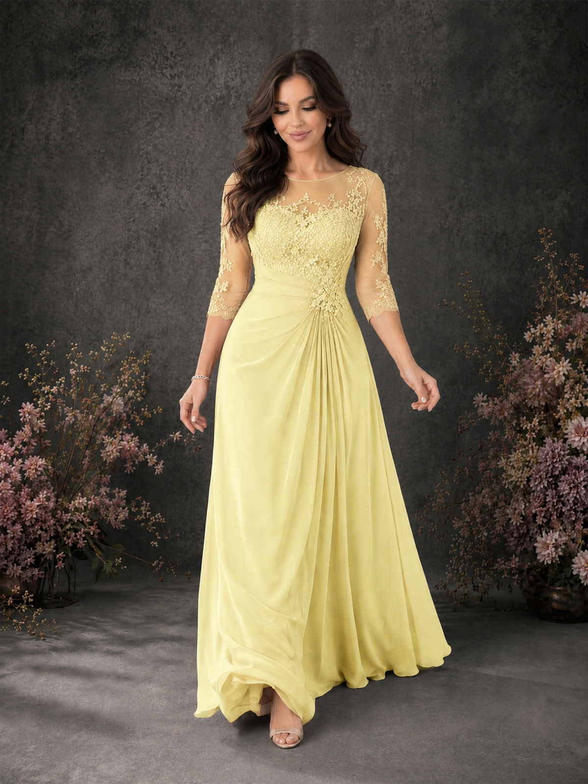 BOLODOO Daffodil Chiffon Lace Illusion Neckline 3/4 Sleeve Floor Length Formal Gown - Daffodil - Daffodil_03