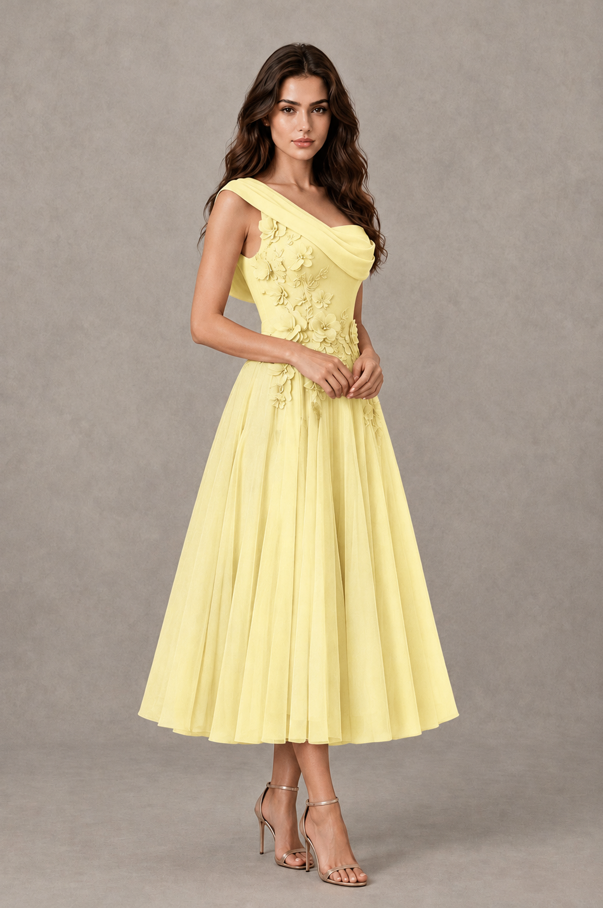 BOLODOO Daffodil One-Shoulder Floral Tulle Tea-Length Dress - Daffodil - Daffodil_03