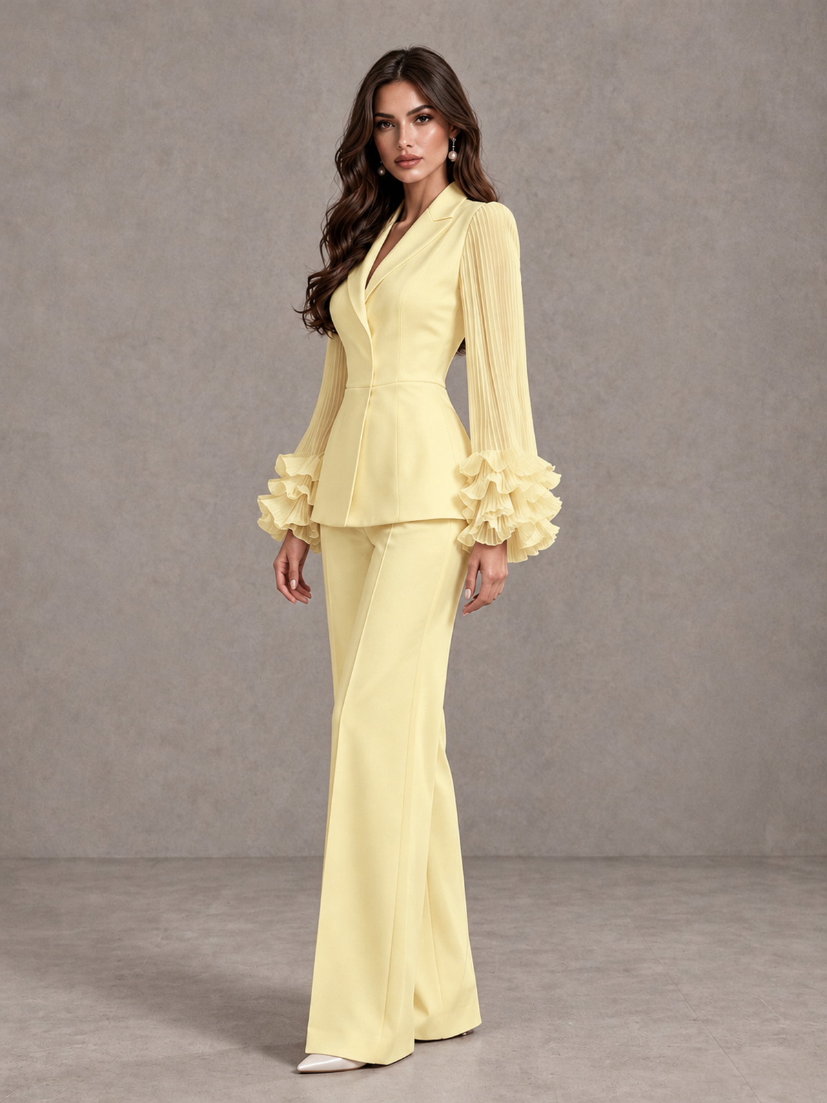 BOLODOO Daffodil Mother of the Bride Pant Suit – Pleated Long Sleeve Ruffle Cuff Wide Leg Trouser Suit - Daffodil - Daffodil_04