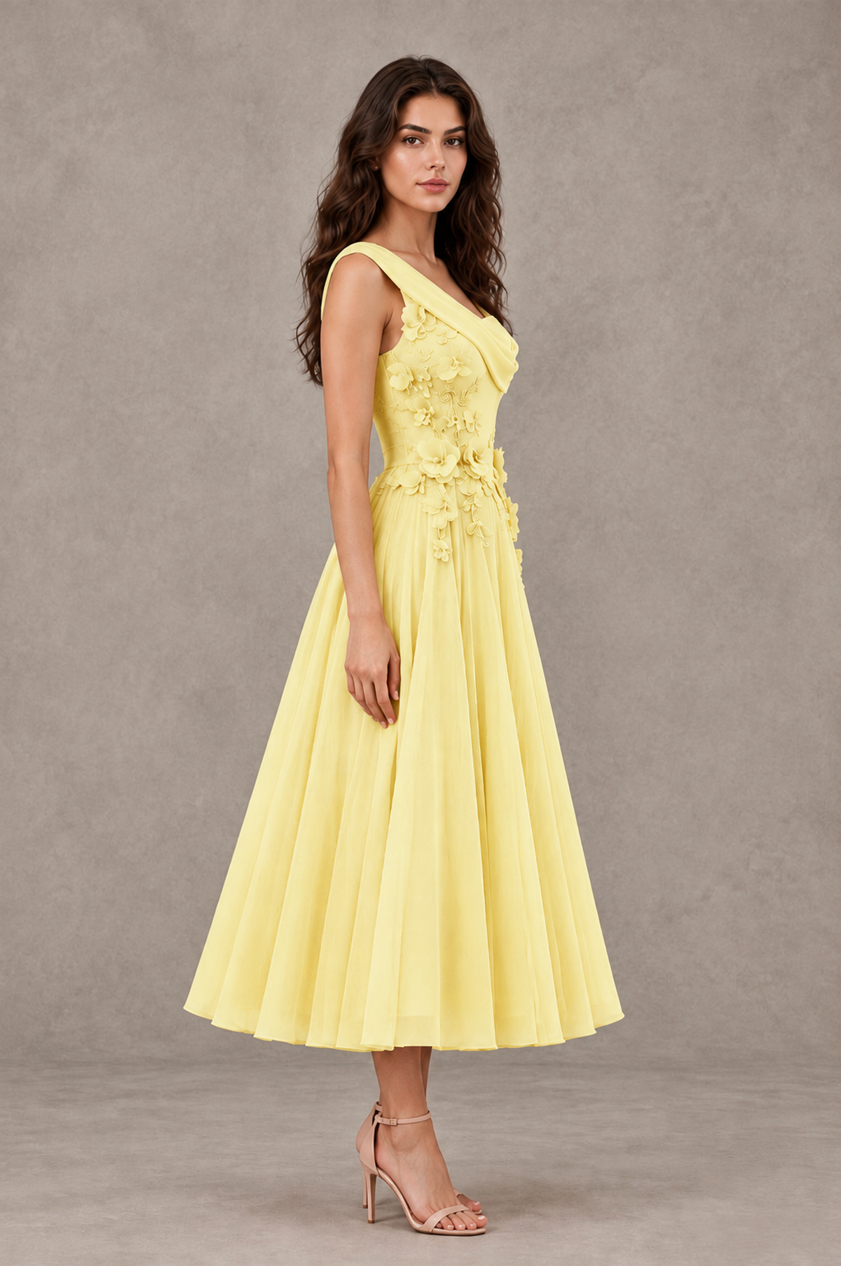BOLODOO Daffodil One-Shoulder Floral Tulle Tea-Length Dress - Daffodil - Daffodil_04