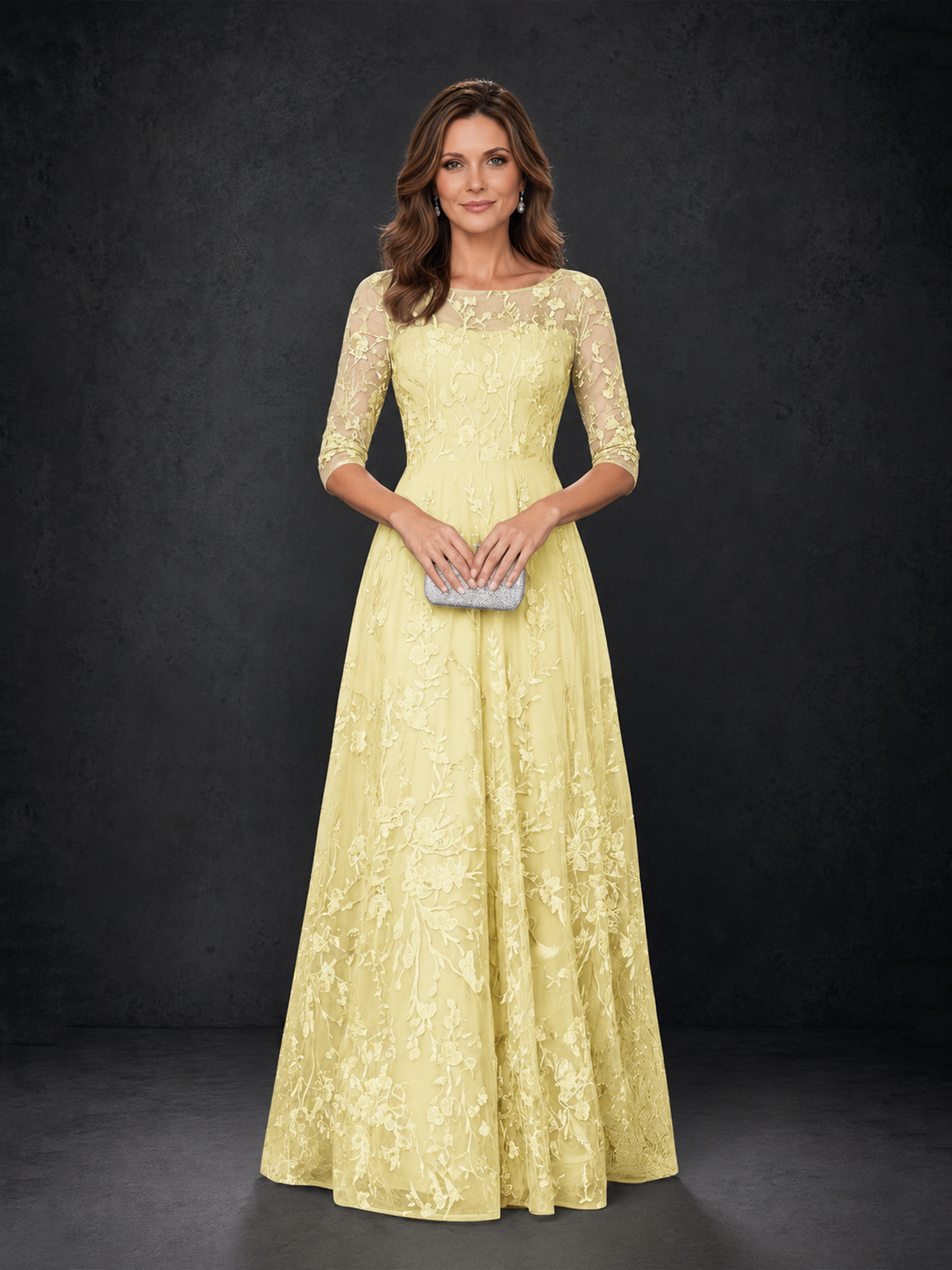 BOLODOO Daffodil Illusion Bateau Neck 3/4 Sleeve Floral Lace A-Line Mother of the Bride Dress MX007 - Daffodil - Daffodil_04