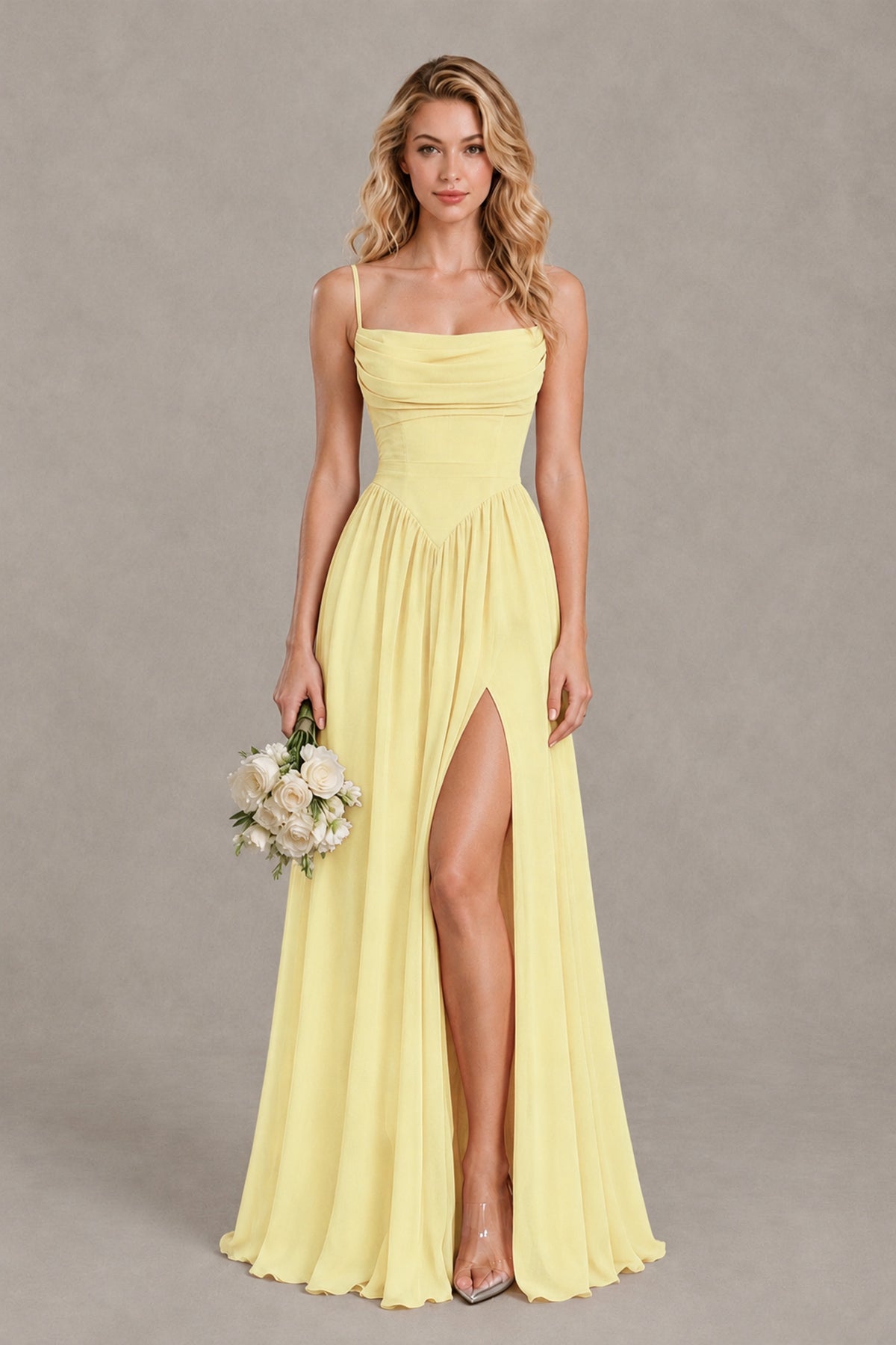 BOLODOO Daffodil Spaghetti Strap A-Line Bridesmaid Dress with Slit - Daffodil - Daffodil_1