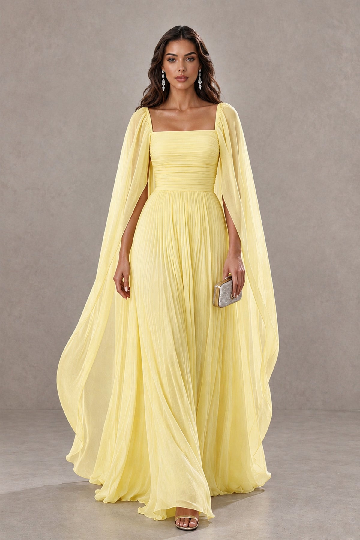 BOLODOO Daffodil Square Neck Cape Sleeve A-Line Evening Dress - Daffodil - Daffodil_1