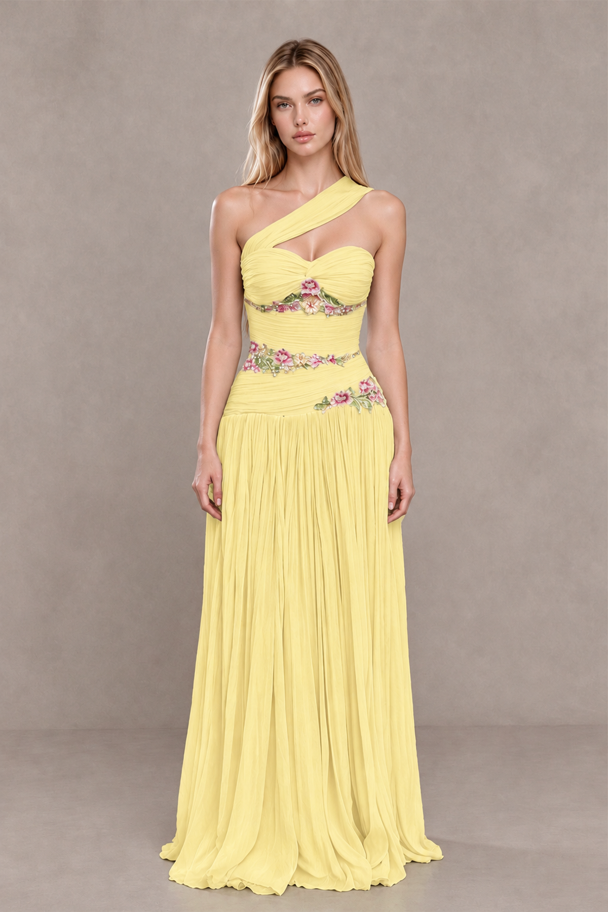 BOLODOO Daffodil One-Shoulder Floral Applique A-Line Evening Dress - Daffodil - Daffodil_1