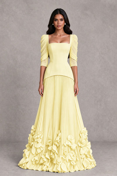BOLODOO Daffodil Square Neck Pleated Floral Applique Evening Dress - Daffodil - Daffodil_1