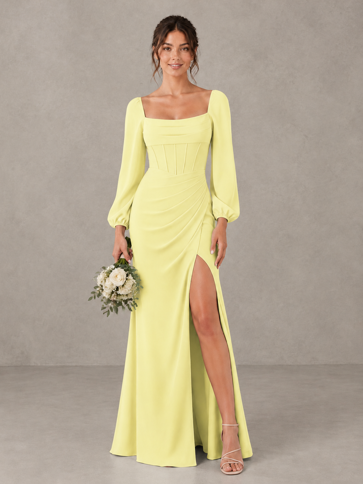 BOLODOO Daffodil Square Neck Long Sleeve Bridesmaid Dress with High Slit - Daffodil - Daffodil_1