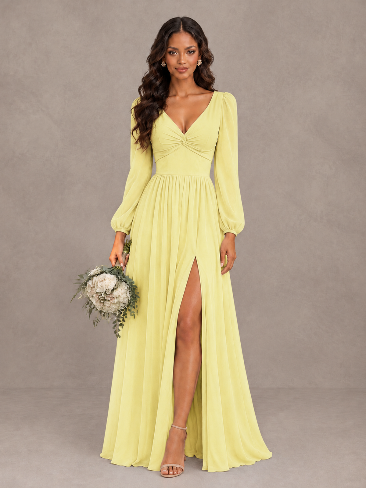 BOLODOO Daffodil V-Neck Long Sleeve Bridesmaid Dress with Tie Back and Slit - Daffodil - Daffodil_1