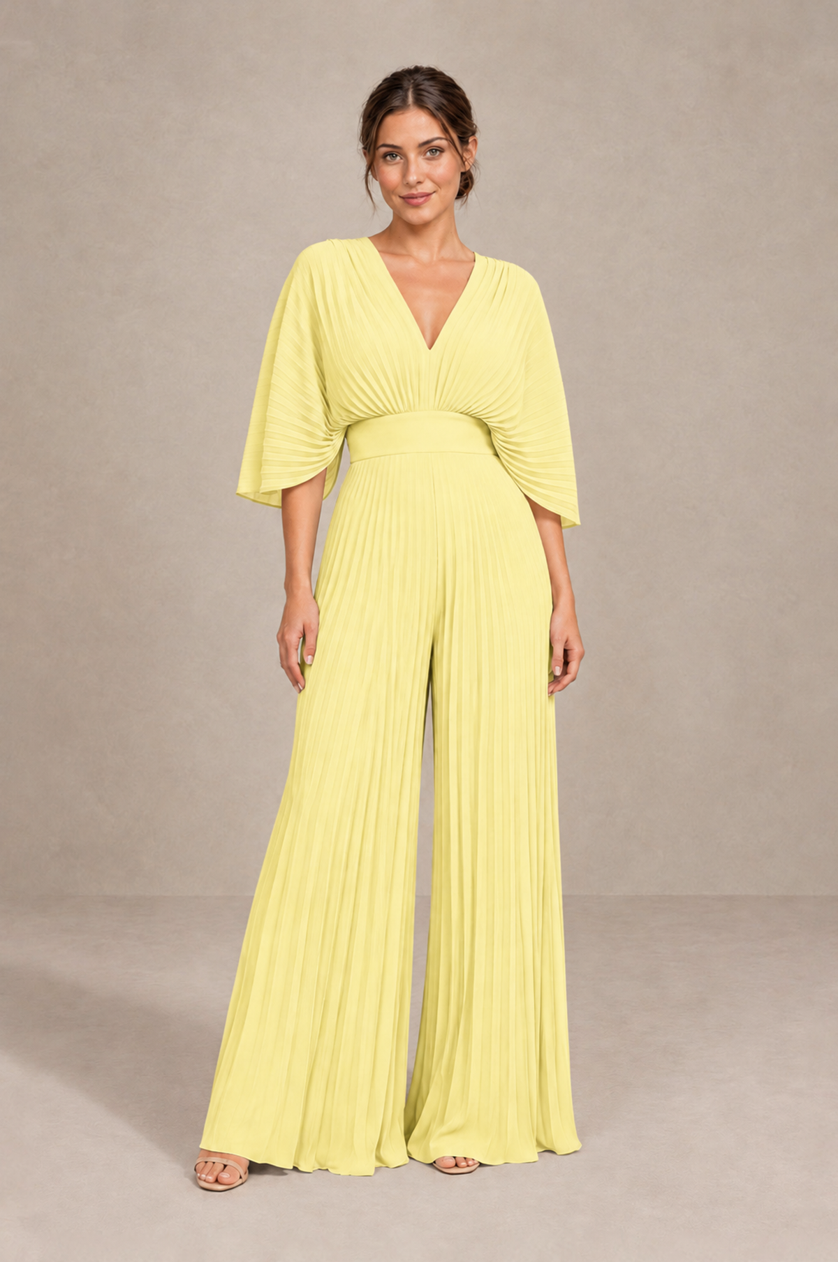 BOLODOO Daffodil Pleated Wide-Leg Mother of Bride Pantsuit with V-Neck Chiffon Maxi Gown - Daffodil - Daffodil_1