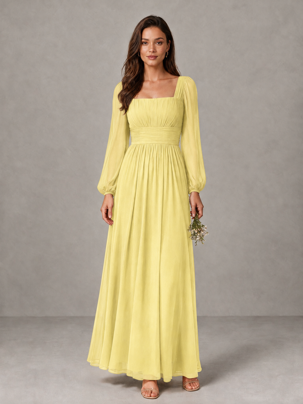 BOLODOO Daffodil Square Neck Long Sleeve Chiffon Bridesmaid Dress - Daffodil - Daffodil_1
