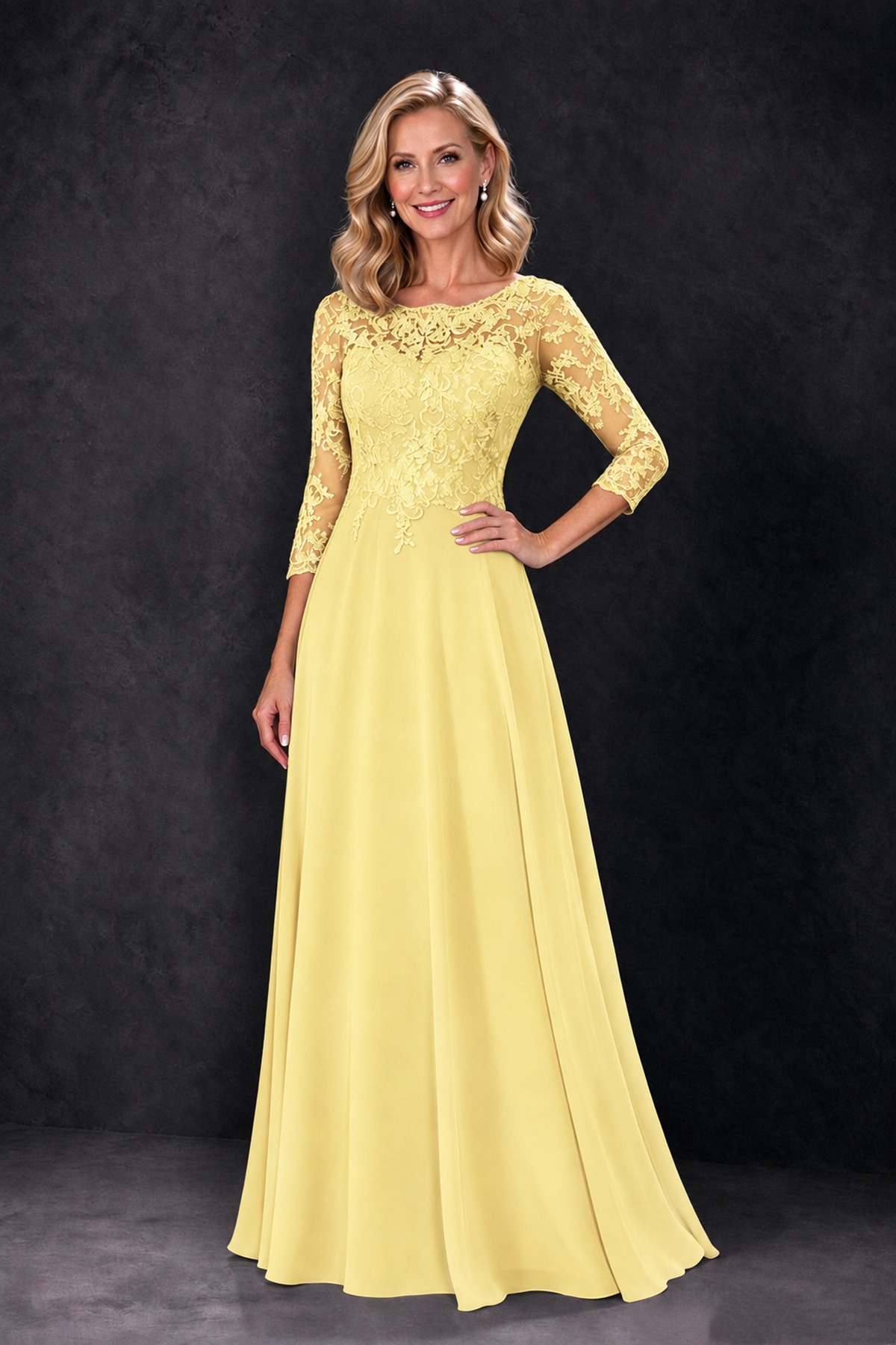 BOLODOO Daffodil Lace Embroidered Mother of the Bride Dress with 3/4 Sleeves - Daffodil - Daffodil_1