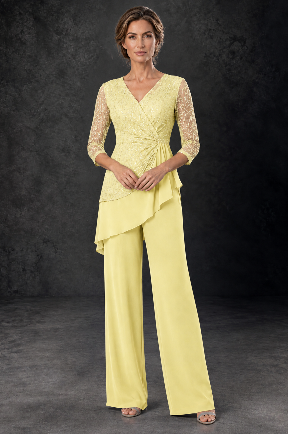BOLODOO Daffodil Sequin Lace 3/4 Sleeve Chiffon Mother of the Bride Pant Suit - Daffodil - Daffodil_1