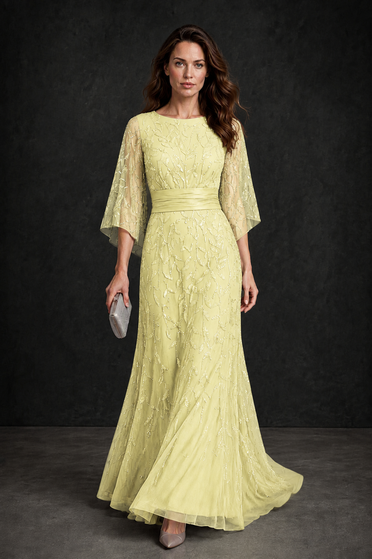BOLODOO Daffodil Bateau Neck Bell Sleeve Sequin Embroidered Satin Waist A-Line Maxi Dress - Daffodil - Daffodil_1