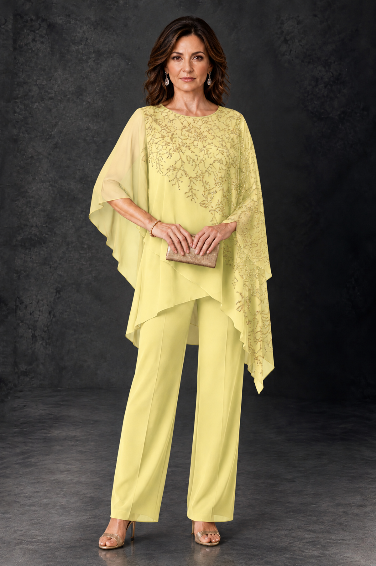 BOLODOO Daffodil Embellished Cape Pant Suit for Mother of the Bride - Daffodil - Daffodil_1
