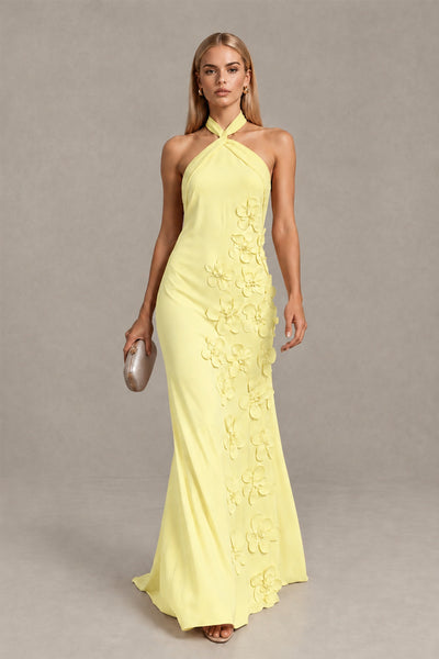 BOLODOO Daffodil Cross Halter Neck 3D Floral Appliqué Backless Mermaid Maxi Gown - Daffodil - Daffodil_1
