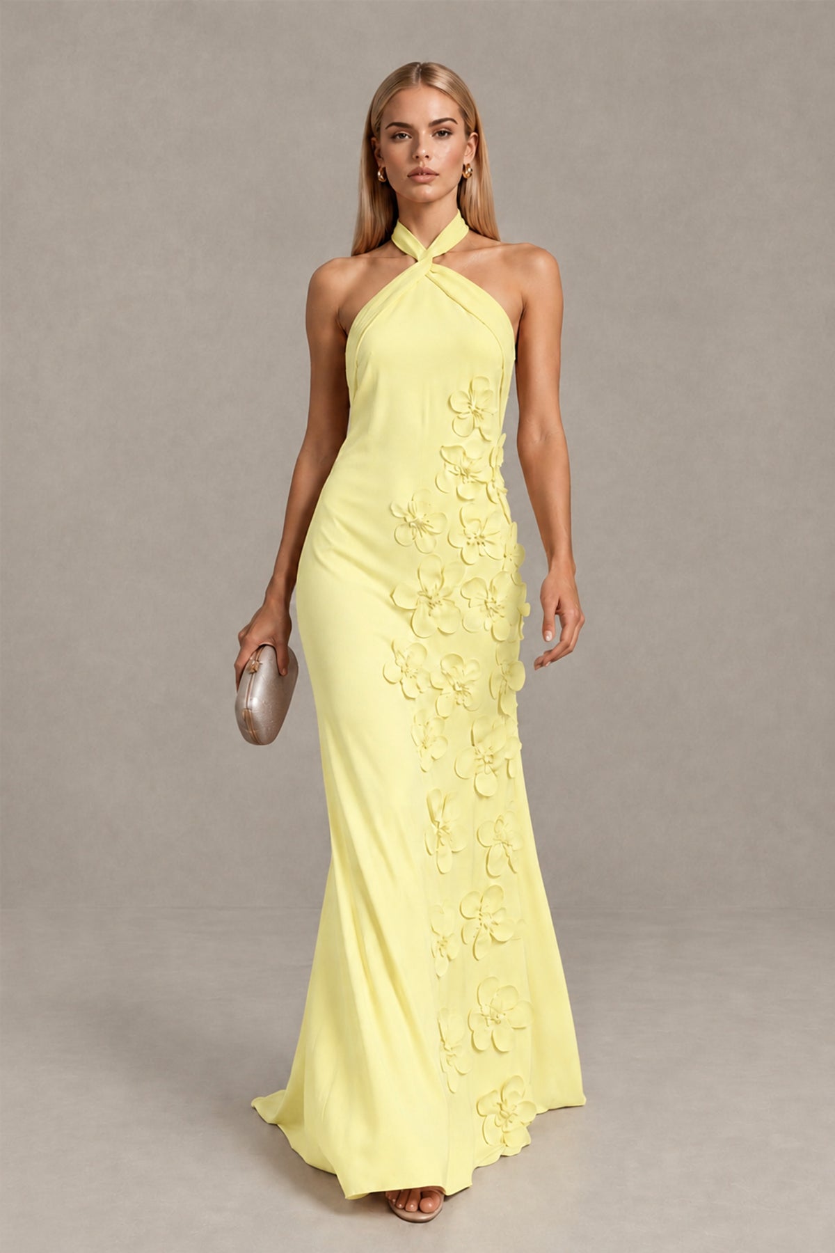 BOLODOO Daffodil Cross Halter Neck 3D Floral Appliqué Backless Mermaid Maxi Gown - Daffodil - Daffodil_1