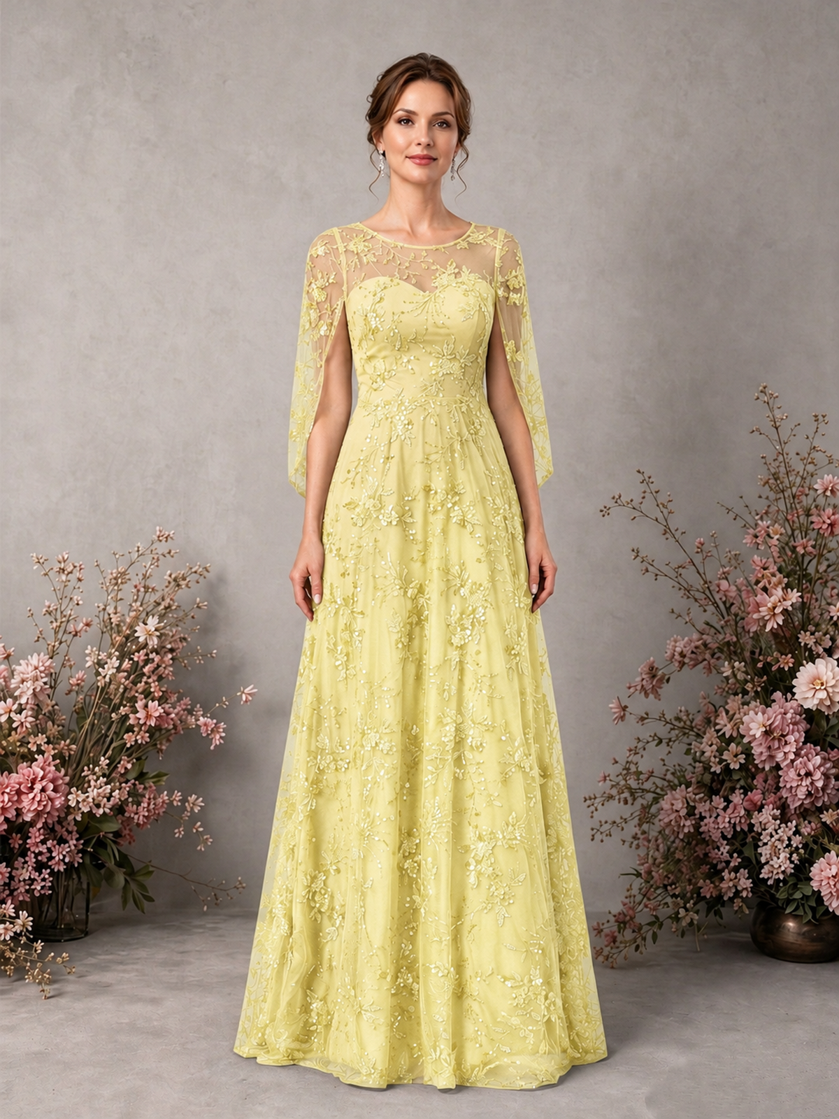 BOLODOO Daffodil Sequin Lace Cape Sleeve Formal Evening Gown - Daffodil - Daffodil_1
