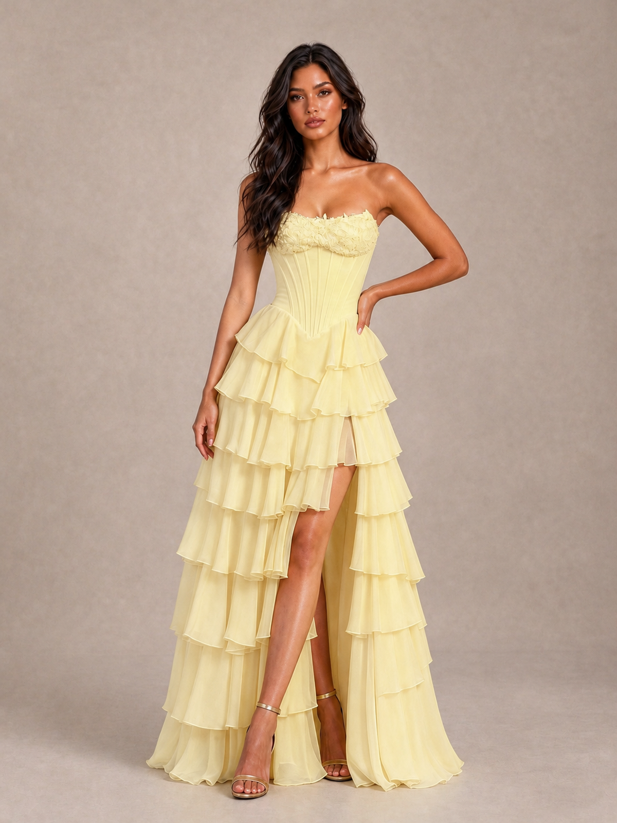 BOLODOO Daffodil Strapless Corset Tiered Ruffle Prom Dress with High Slit - Daffodil - Daffodil_1